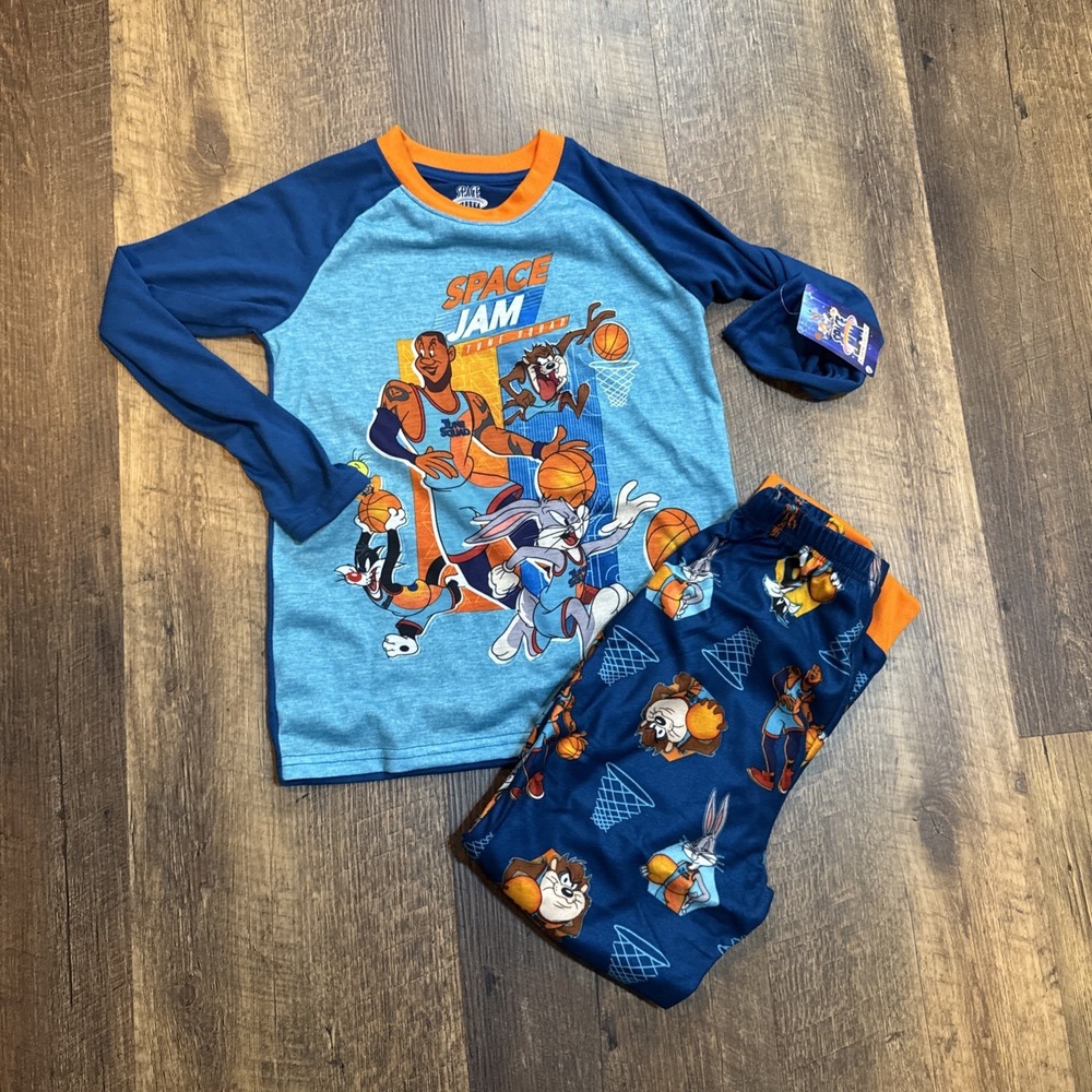 Space Jam Pajama Set Kids 8 Blue Teal Long Sleeve Shirt Pants Tune Squad New